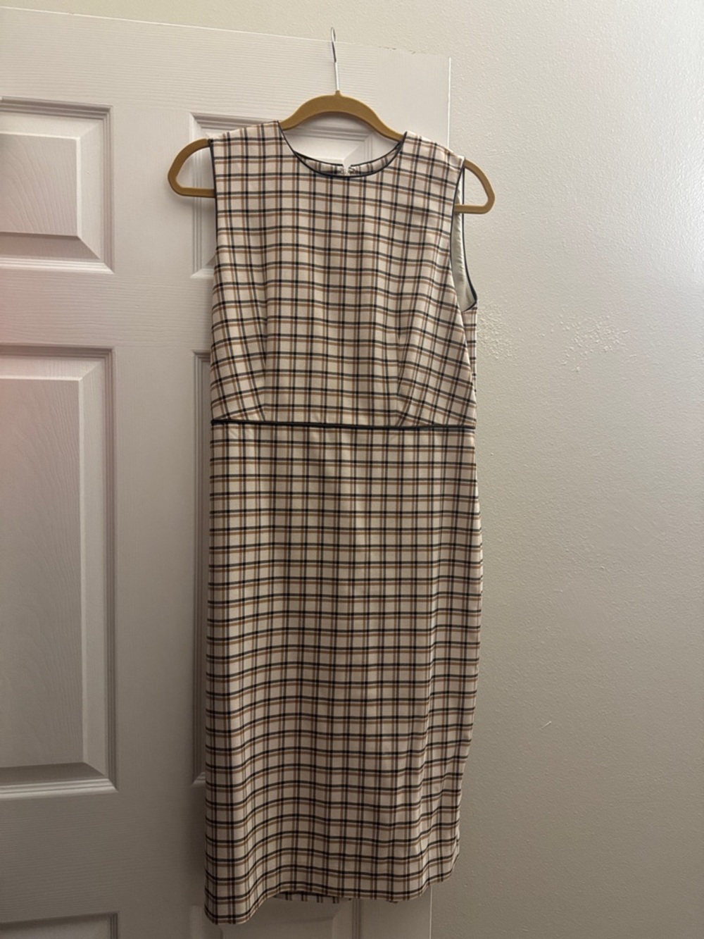 Ann Taylor Cream Midi Sheath Dress with Brown and Black Plaid